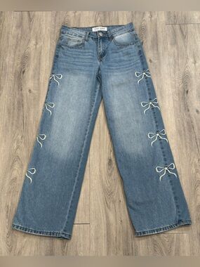 GOGO JEANS Blue Mid-Rise Dream Fit Wide-Leg Jeans with Embroidered Bow Details